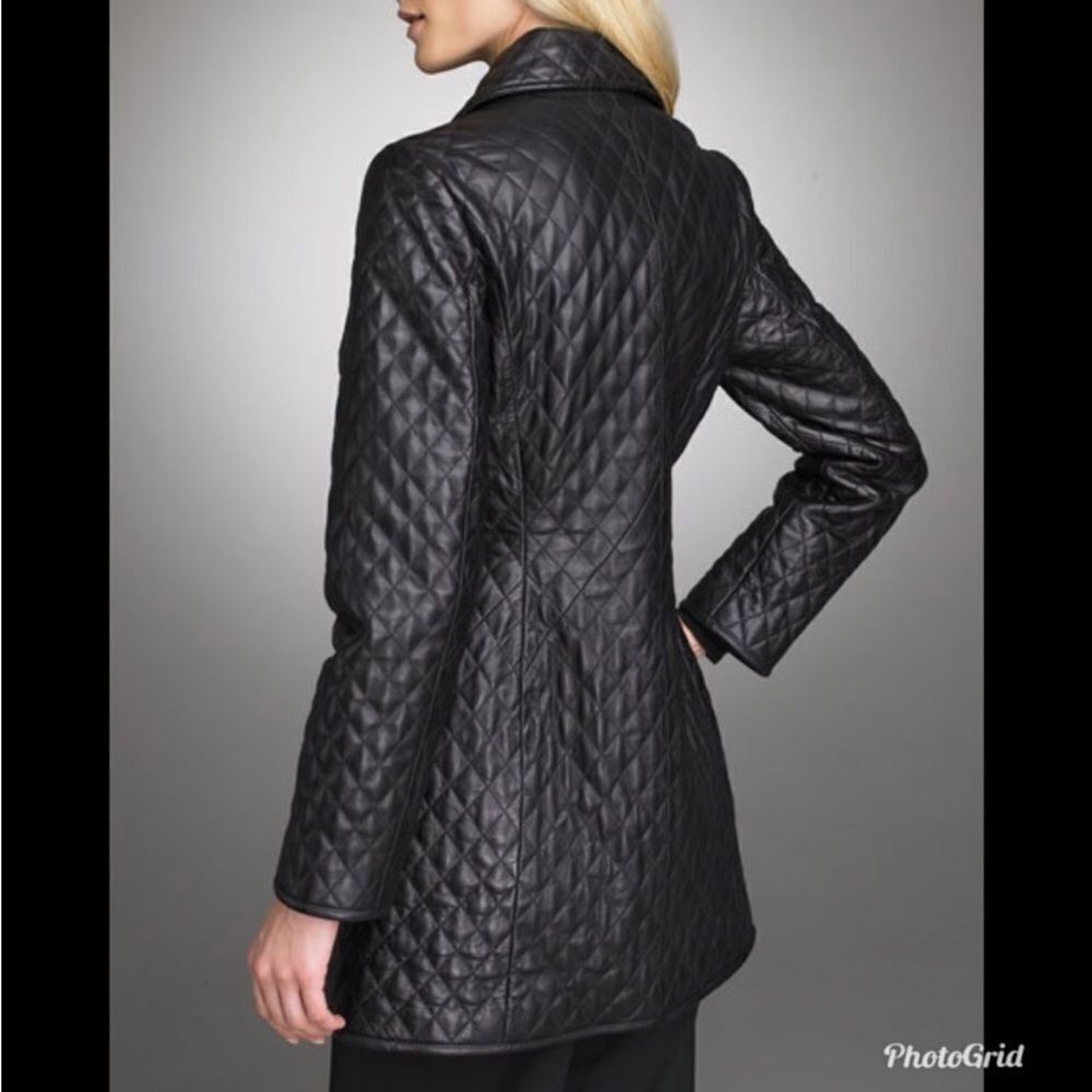 Neiman Marcus 100% Leather Quilted Button Front Collared Over Coat Medium - Picture 2 of 8